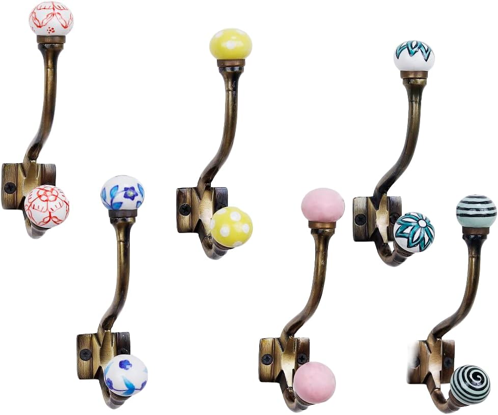 IndianShelf 6 Colorful Decorative Ceramic Iron Heavy Duty Double Coat Hooks