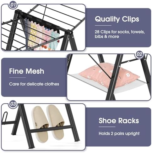 APEXCHASER Clothes Drying Rack, 67.3" L Height Adjustable, Foldable, Black