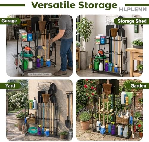 Garden Tool Organizer with Wheels, Metal Rack for Long Handled Tools