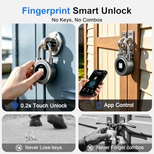 Fingerprint Padlock Gym Lock for Locker, Smart Padlock Finger Print Lock with...