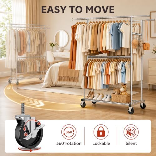 Heavy Duty Clothes Rack Load 550LBS, Rolling Clothing Rack Silver