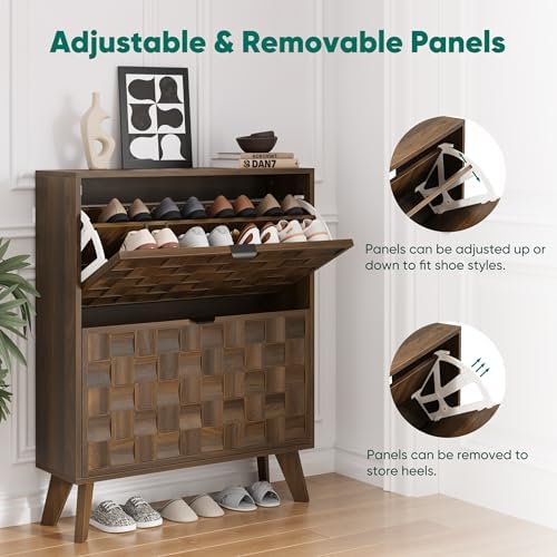 Smuxee Walnut Shoe Cabinet with 2 Flip Drawers, 29.6" Hidden Shoe Storag...