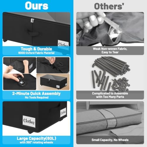Under Bed Storage with Wheels, 4-Pack 10" Height XXL 75L Rolling Storage...