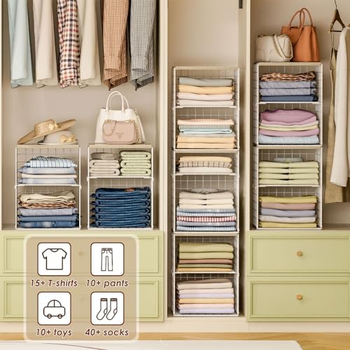 4-Tier Stackable Closet Organizers and Storage, Adjustable Dividers & Woo...