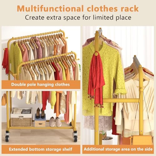 Laiensia Double Rods Garment Rack with Wheels, Clothing Rack for Hanging Clot...