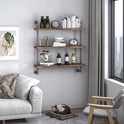 Helsin 3 Tier Industrial Pipe Shelf Rustic Wood Floating Wall Display Bookshe...