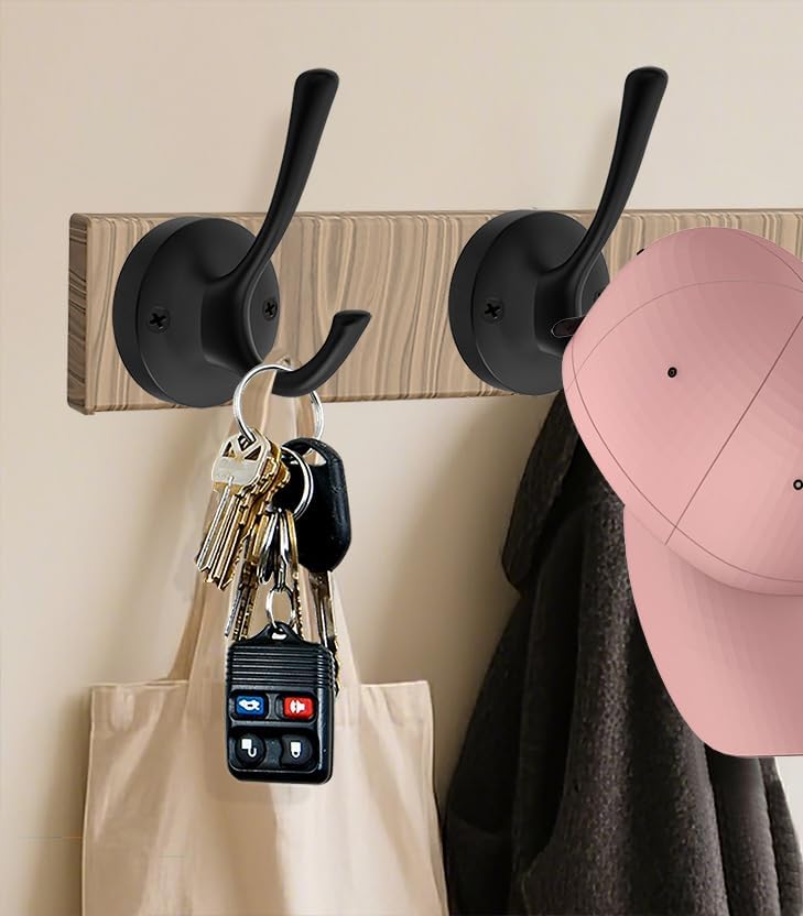 TOFIIGREM Black Wall Hooks, 6 Pack Coat Towel Hook Heavy Duty Metal Double Ba...