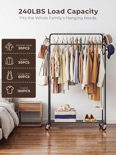 Clothes Rack, Rolling Clothing Rack with Double Rods for Hanging Clothes, Por...