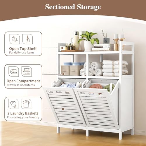 VASMIA Tilt Out Laundry Hamper Cabinet, Bamboo Double Laundry Hamper with 2 R...