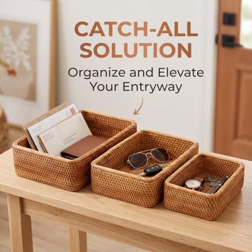 ZENFUN 3 Pack Natural Rattan Storage Baskets, Rectangular Woven Fruit Baskets...