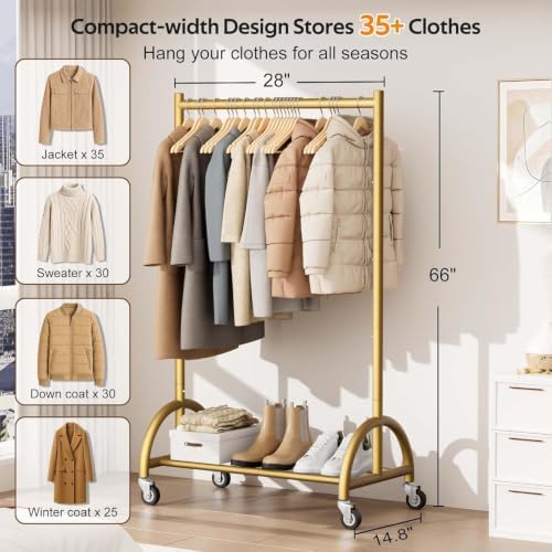 MISSLO Heavy Duty Clothing Rack with Wheels Rolling Clothes Racks for Hanging...