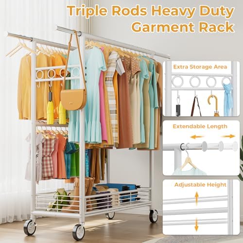 Heavy Duty Clothes Rack Load 960LBS, Three Rods Rolling Clothing Racks for Ha...