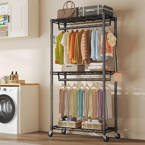 OLIXIS Clothes Rack Heavy Duty Adjustable Garment Clothing Rack with Wheels, ...