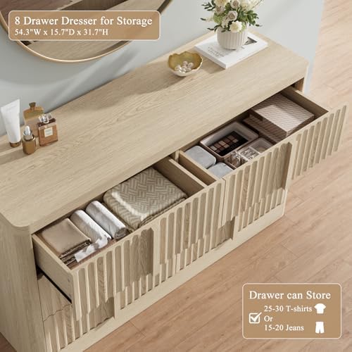 YANSNWO 47" Wide Fluted 6 Drawer Dresser for Bedroom, Natural Oak