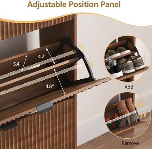 Shoe Cabinet Storage for Entryway with 3 Flip Drawers, Walnut Fluted Shoe Cab...