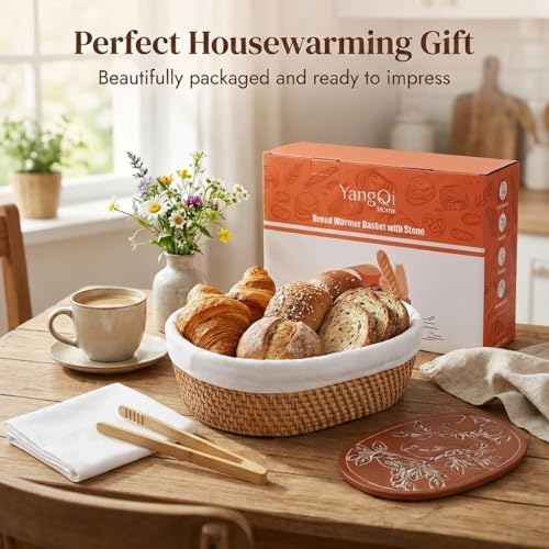 YANGQIHOME Bread Warmer Basket with Stone, Tortilla Warmer, Rattan Bread Bask...