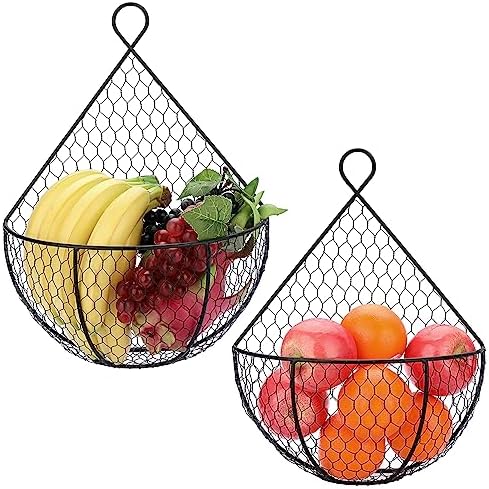 BSTKEY Set of 2 Hanging Black Metal Fruit Vegetable Baskets