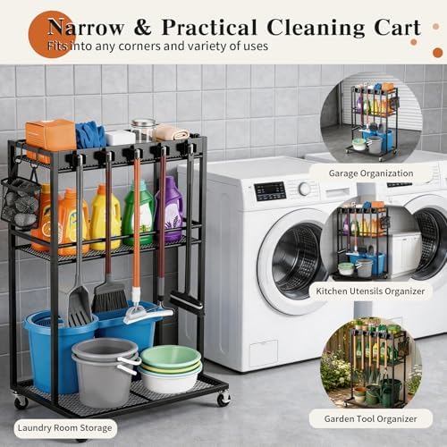 Broom Holder with Cleaning Supplies Organizer,Rolling Cleaning Cart
