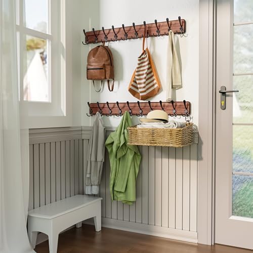 SKOLOO Rustic Coat Rack Wall Mount, 10 Hooks, 38.6'' Long, Brown, Pac...