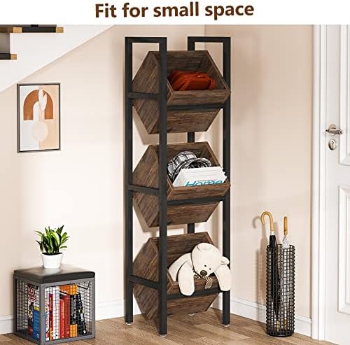 LITTLE TREE 3-Tier Basket Stand, Wooden Floor Stand Shelving Unit, Standing O...