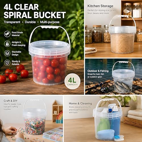 4 Pack 1 Gallon Plastic Buckets with Screw Lids & Handle, 2 Clear + 2 Whi...
