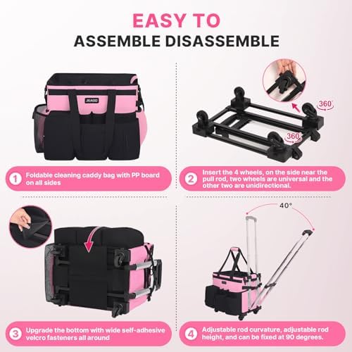 JKAOO Large Rolling Cleaning Caddy Bag with Detachable Trolley, Pink