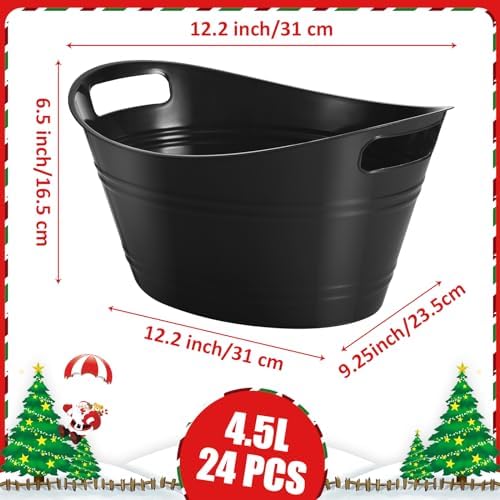 24 Pcs Oval Storage Tub with Handles Ice Buckets for Parties, Black