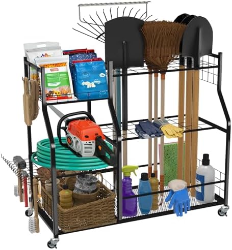 Garden Tool Organizer with Wheels, Metal Rack for Long Handled Tools