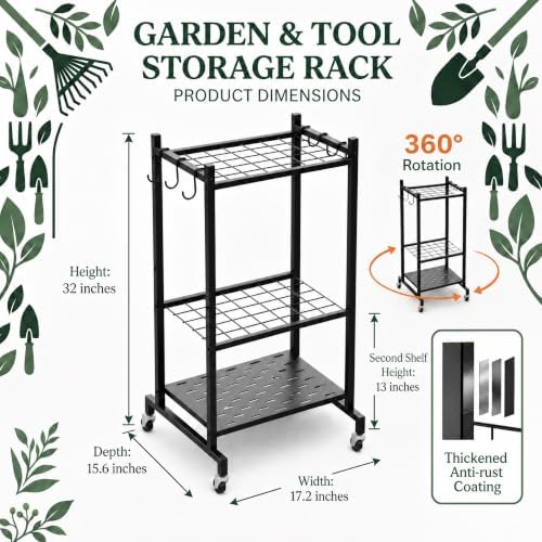 Garden Tool Organizer with Wheels, Garage Tool Organizer for Garage Storage