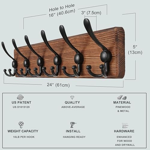Dseap Coat Rack Wall Mounted - 24" Long 6 Tri Hooks, Heavy Duty Wooden W...