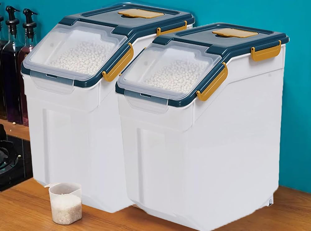 25LB Large Flour Storage Container Bin ,2 Pack Airtight Plastic with Wheels S...