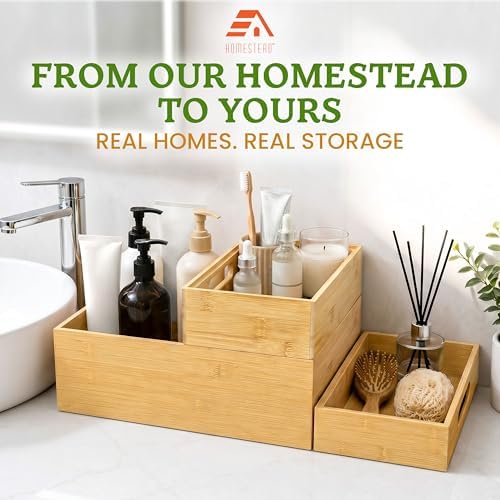 HOMESTEAD 3-Piece Stackable Bamboo Storage Box, Large Storage Bin, Wooden Box...