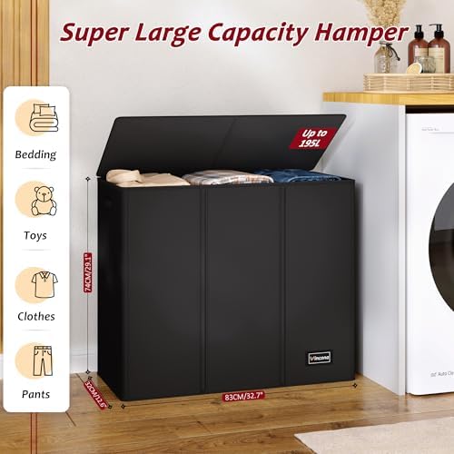 195L Laundry Hamper 3 Section,Large Laundry Hamper with Lid,Dirty Clothes Ham...