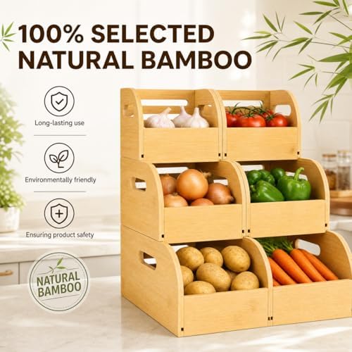 GLEAVI Bamboo Potato and Onion Storage Bin, 3 Tier Slide-Out Vegetable Basket...