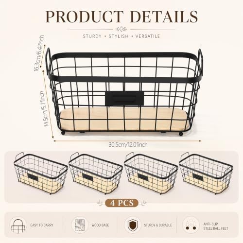 4 Pcs Black Metal Wire Storage Baskets with Wood Bottoms,Large