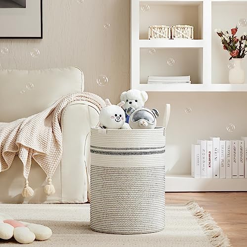VIPOSCO 53L Tall Woven Rope Laundry Hamper, Leather Handles, Stripe White