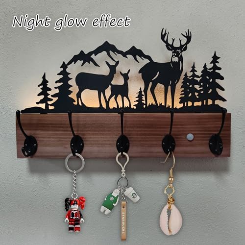 Metal Deer Coat Hooks Wall Mounted, Battery Operated Induction Light Hooks, W...