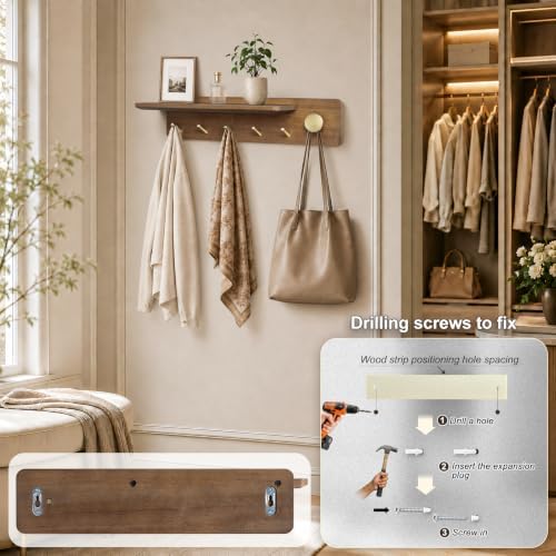 Coat Rack Wall Mount with Shelf, Solid Wood, 5 Brass Hooks, Brown