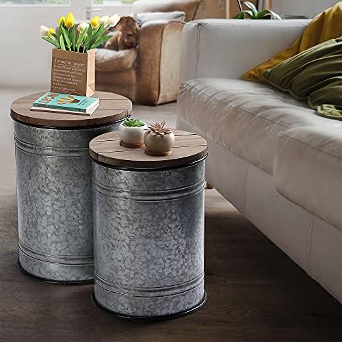 Rustic Storage Ottoman Seat Stool, Farmhouse Accent Side Table, Antique Galva...