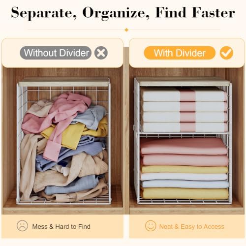 Hencawima 2 Pack Stackable Closet Storage Bins with Removable Divider, Wire S...