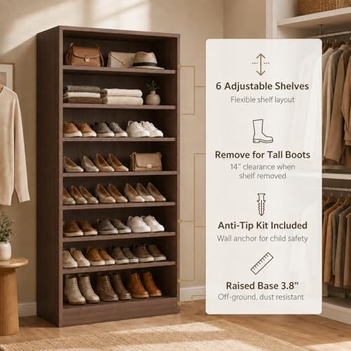 Homieasy 9-Tier Tall Shoe Rack Cabinet for Closet & Entryway, Walnut
