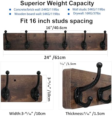 WEBI Rustic Coat Rack Wall Mount,24" Long 6 Cast Iron Coat Hooks Wall Mo...
