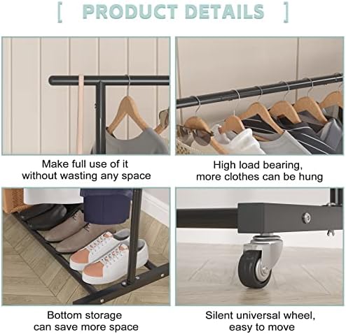 Sywhitta Double Rod Metal Clothing Garment Rack on Wheels, Black