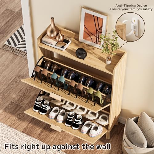 Fluted Shoe Cabinet Storage with 2 Flip Drawers, Wood Narrow Hidden Shoe Orga...