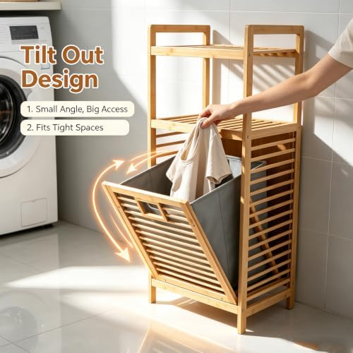 3-Tier Bamboo Tilt-Out Laundry Hamper, Pull-Out Dirty Clothes Storage Basket ...