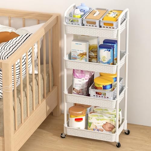 MOYIPIN 4-Tier Plastic Rolling Utility Cart with Handle,White