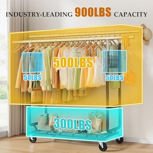Gewudraw Clothes Rack Heavy Duty Load 900 Lbs with Wheels, Double Rod,Black