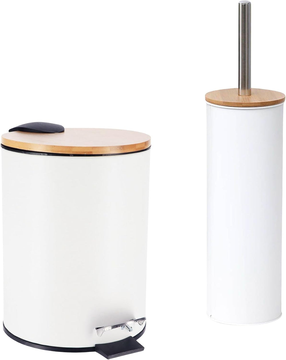 Bathroom Set w/Bamboo Lid, Metal Trash Can & Toilet Brush, 2.5L Bin, White
