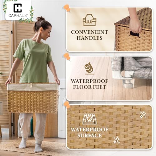 CAPHAUS Handwoven Storage Basket w/Lid and Handles, 2 Removable Liner Bags, F...