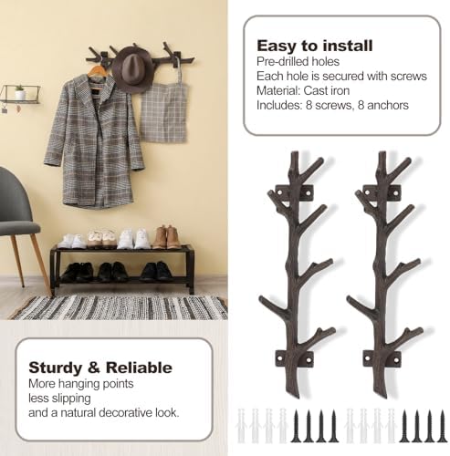 12" Cast Iron Tree Branch Vertical Coat Hat Rack Wall Mount Heavy Duty D...
